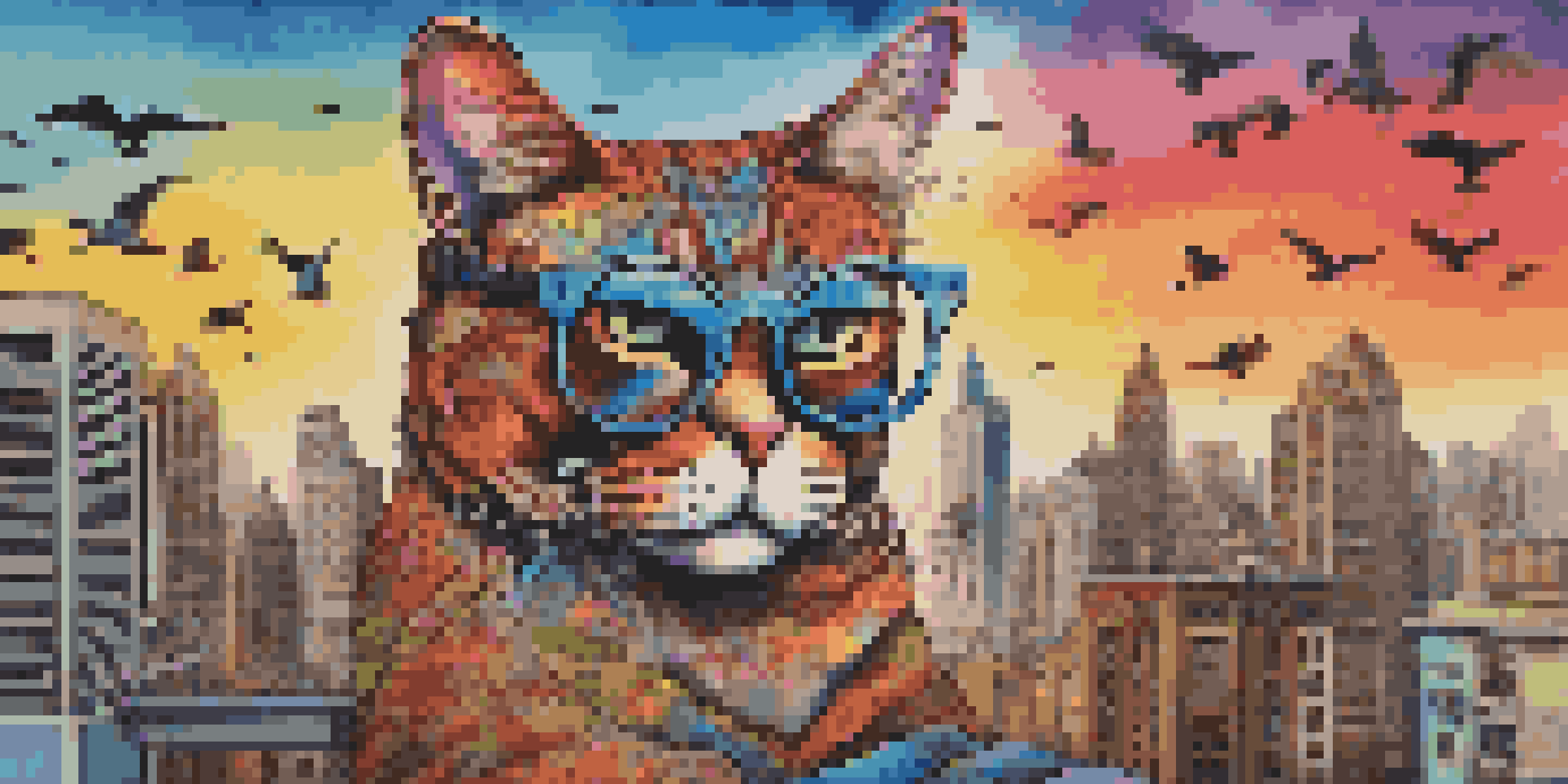 A large, playful cat with glasses relaxing on a rooftop, surrounded by birds, against a colorful sunset.