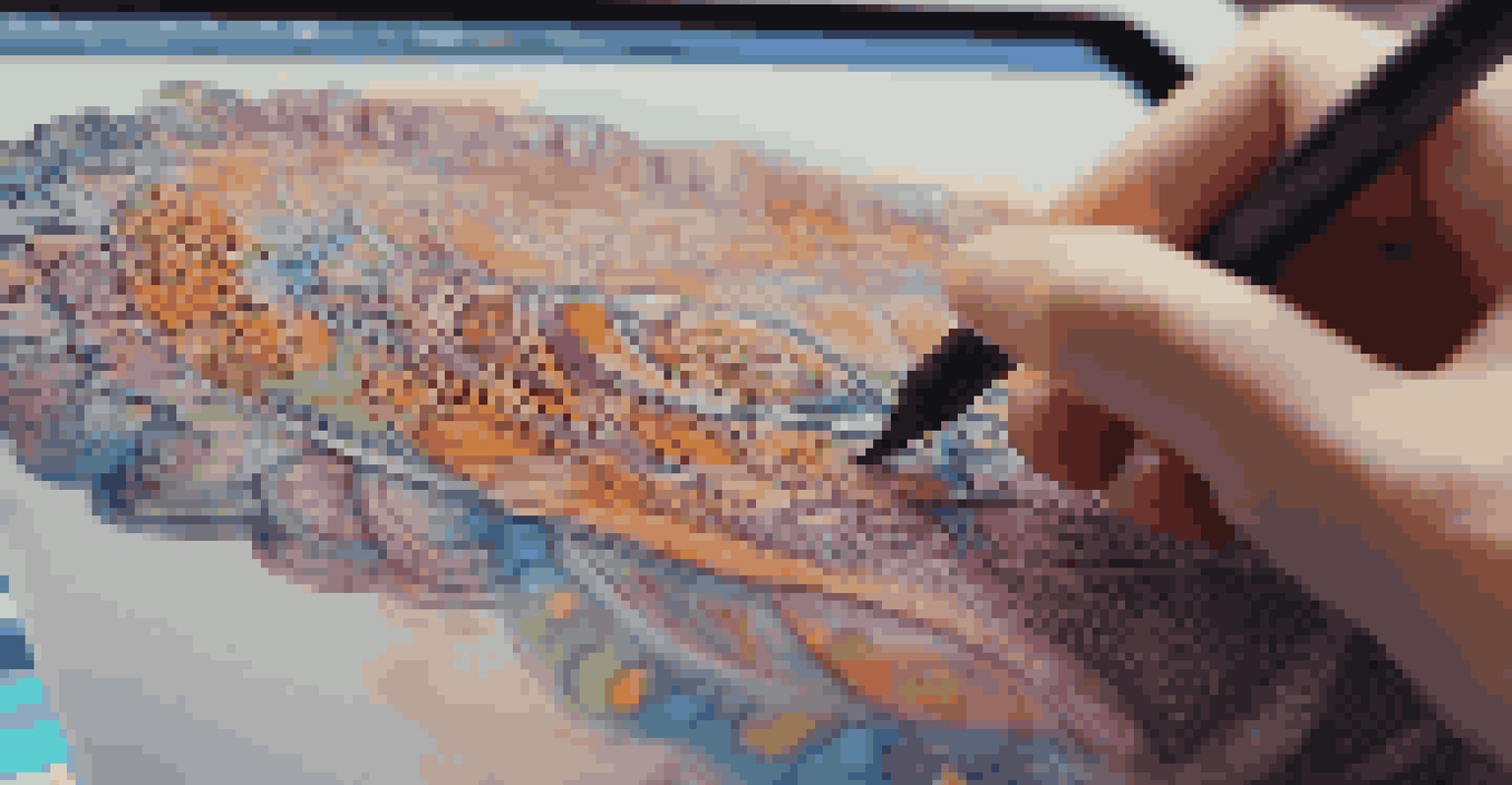 A close-up of a hand holding a stylus on a graphics tablet, with colorful digital artwork emerging on the screen.