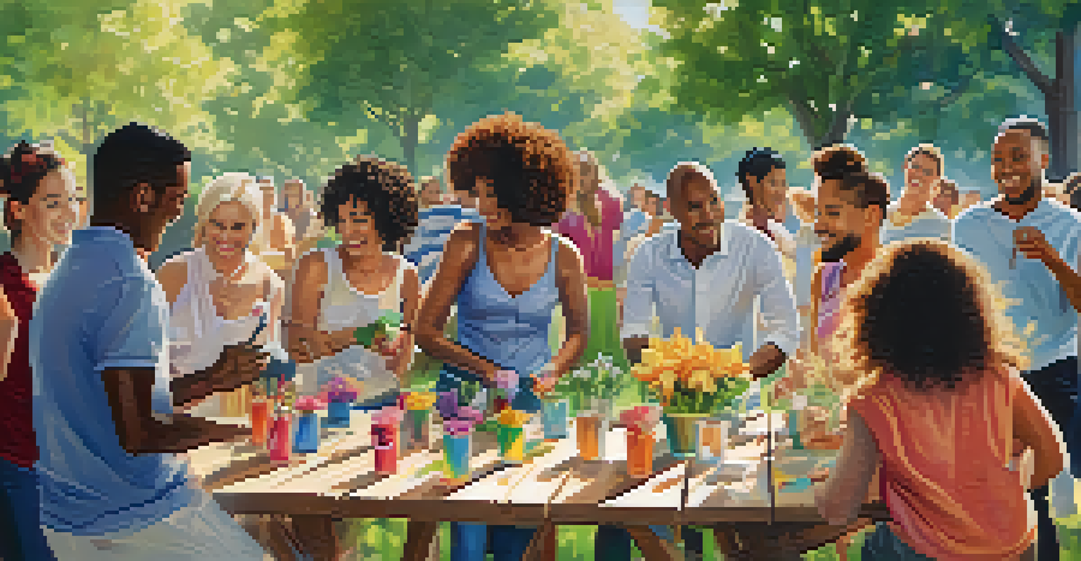 A diverse group of individuals joyfully interacting in a park, engaging in creative activities surrounded by greenery and flowers.