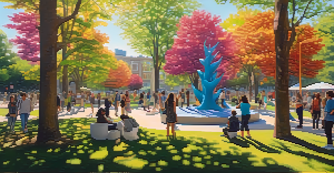 A lively park scene showcasing interactive sculptures with people of different ages and backgrounds engaging with the art, surrounded by nature and sunlight.