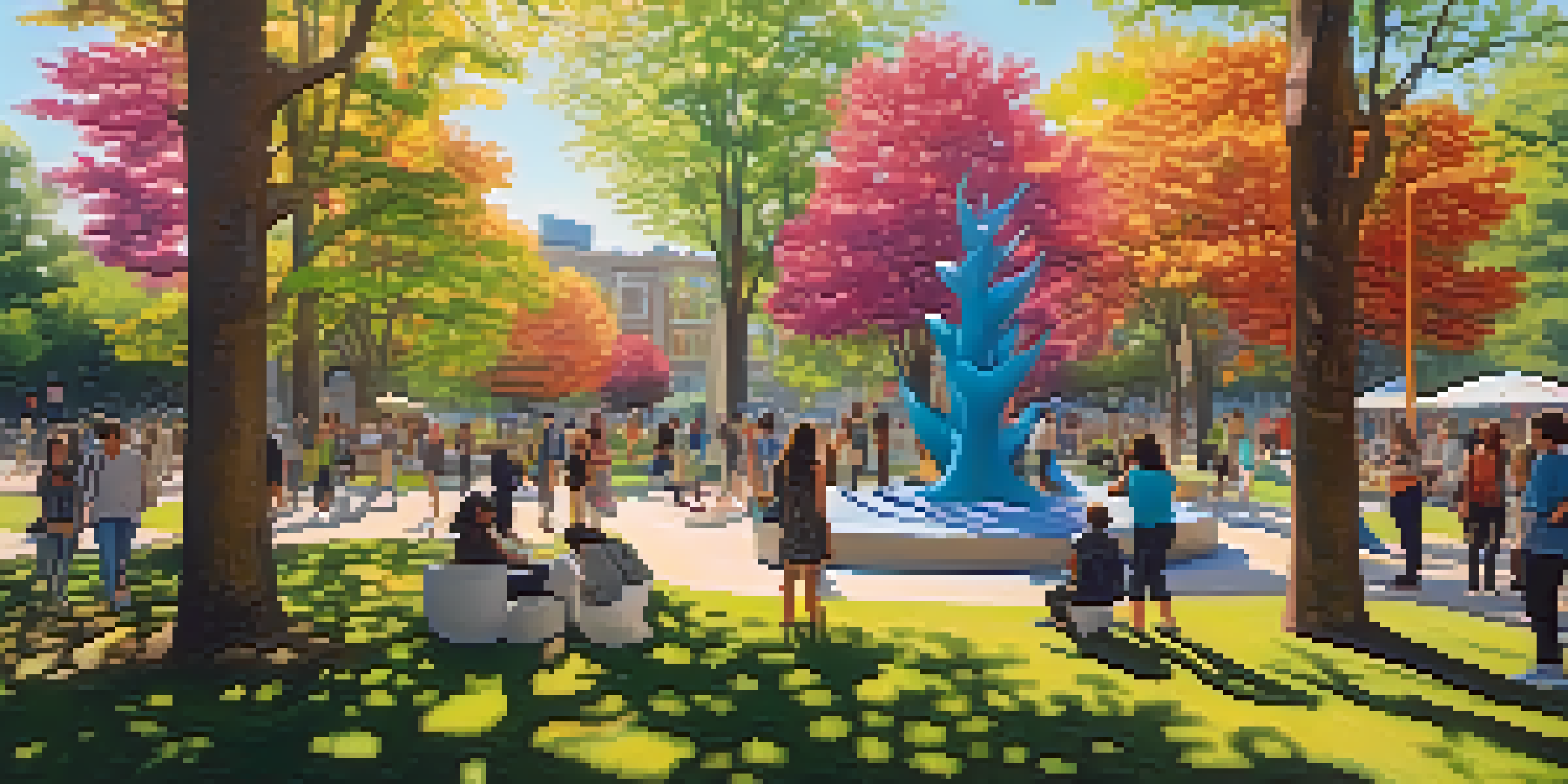 A lively park scene showcasing interactive sculptures with people of different ages and backgrounds engaging with the art, surrounded by nature and sunlight.