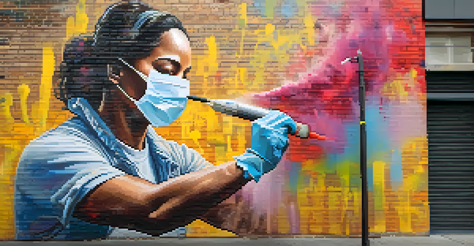 A street artist spray painting a mural on a brick wall, focused on delivering a message about equality and activism.