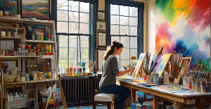 An artist in a bright studio filled with colorful paintings and art supplies, joyfully painting on a canvas.