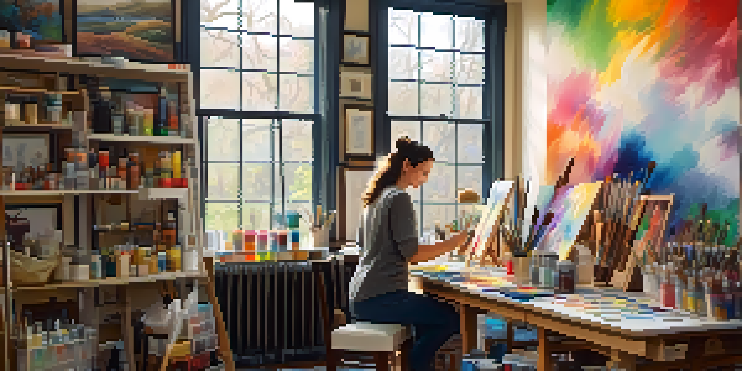 An artist in a bright studio filled with colorful paintings and art supplies, joyfully painting on a canvas.