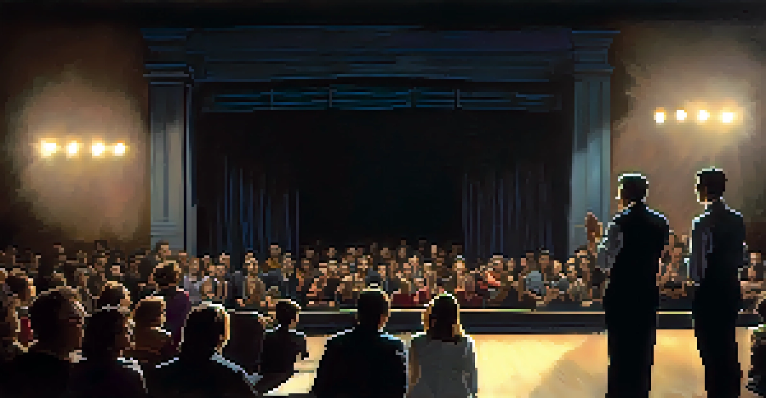 An actor performing a moving monologue about social change on a dimly lit stage, with an engaged audience in the foreground.