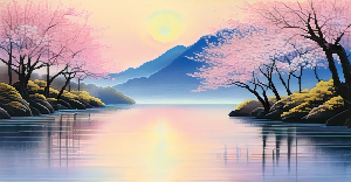 A peaceful Japanese ink painting of a river flowing through a forest with cherry blossoms, showcasing a beautiful sky from dawn to dusk.