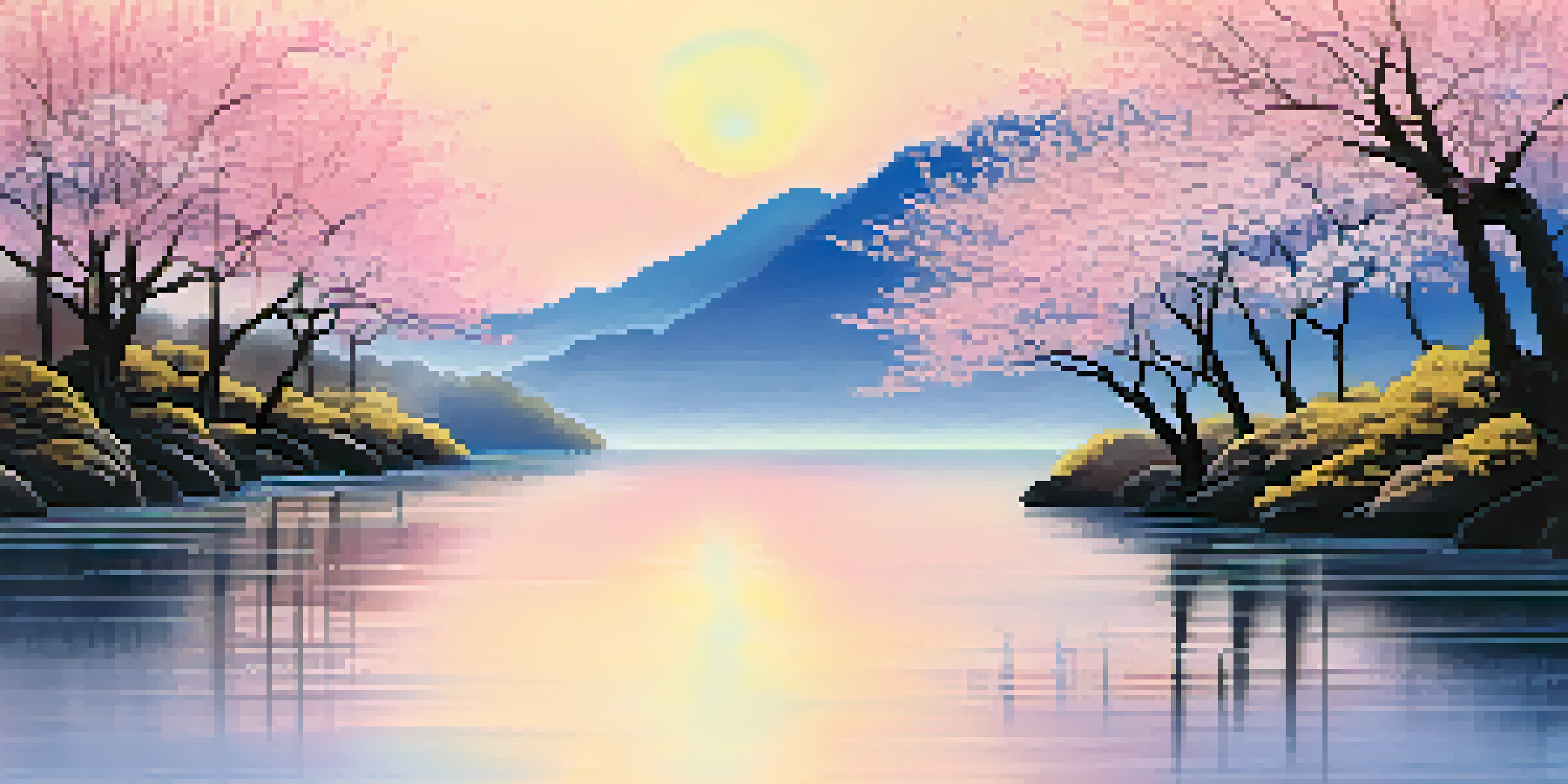 A peaceful Japanese ink painting of a river flowing through a forest with cherry blossoms, showcasing a beautiful sky from dawn to dusk.