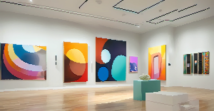 An interior view of a modern virtual art gallery filled with colorful artworks and sculptures, with soft lighting and interactive digital screens.