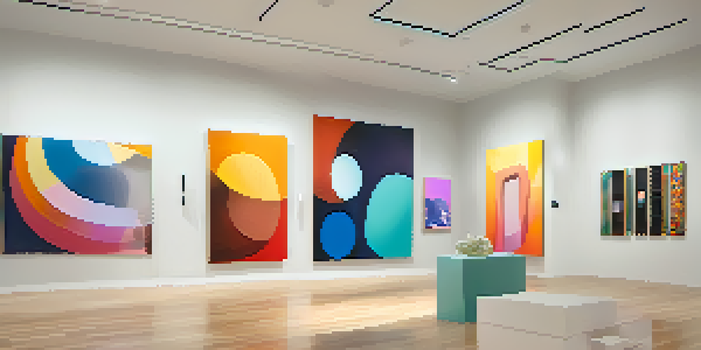 An interior view of a modern virtual art gallery filled with colorful artworks and sculptures, with soft lighting and interactive digital screens.