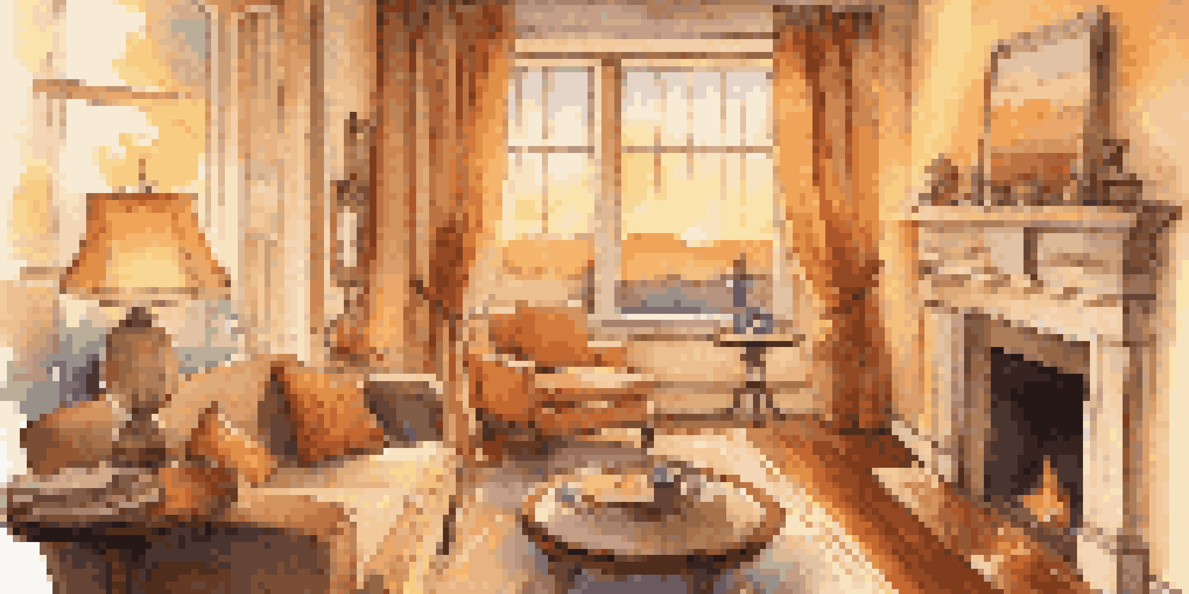A warm living room with a fireplace, plush furniture, and a sunset visible through the window.