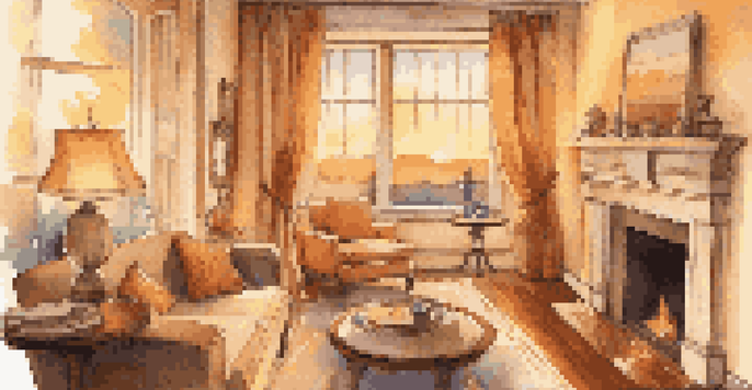 A warm living room with a fireplace, plush furniture, and a sunset visible through the window.