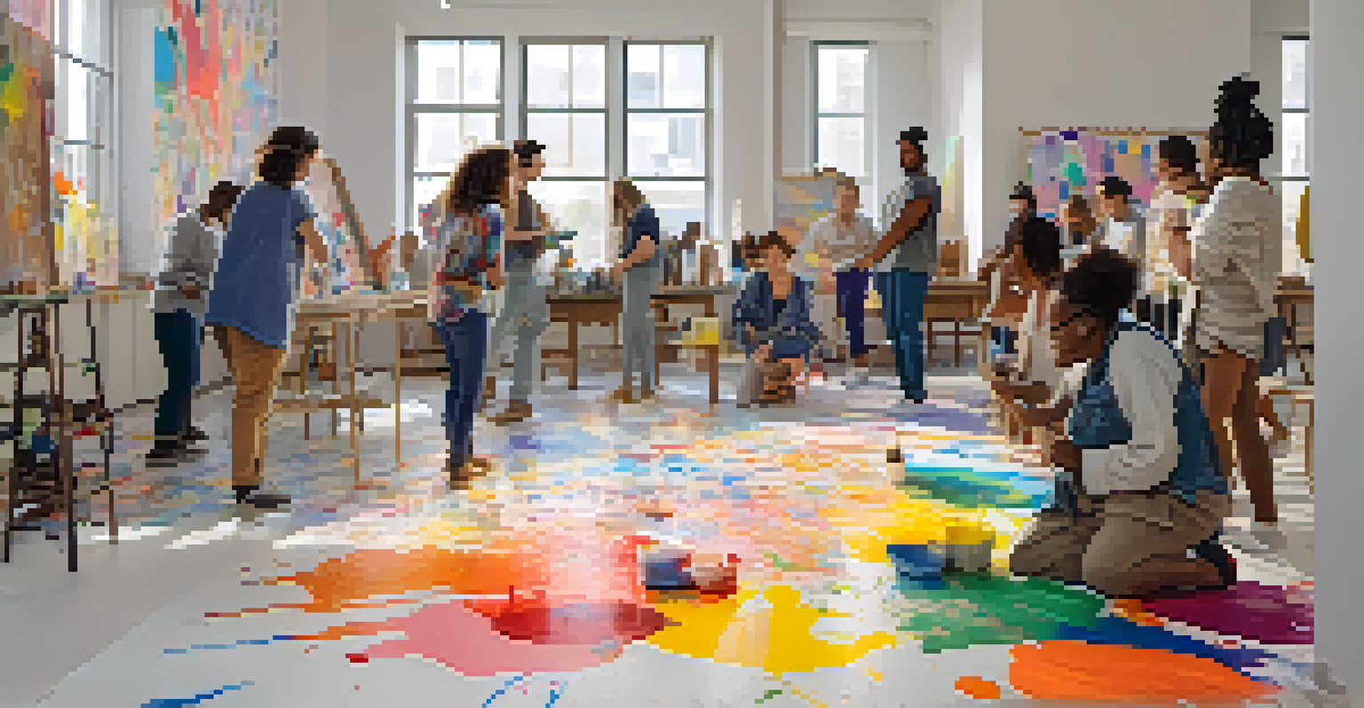 A community workshop with local artists and residents painting a large mural together in a bright studio, filled with art supplies and colorful paint.