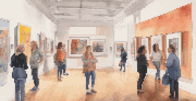 An art museum interior filled with diverse artworks on gender identity, with visitors exploring the exhibition under natural light.
