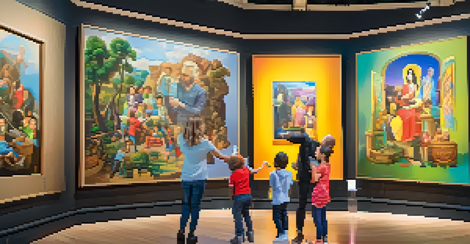 A family in a museum using smartphones to engage with augmented reality features on a painting, with animated graphics visible above the artwork and joyful expressions on the children's faces.