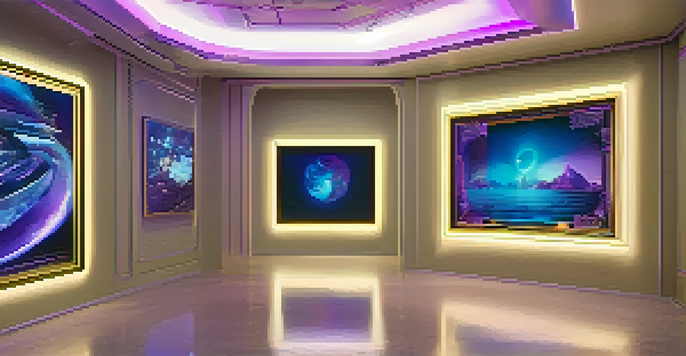 A digital art gallery with various NFTs displayed on screens and illuminated by soft lighting, featuring digital frames and virtual reality headsets.