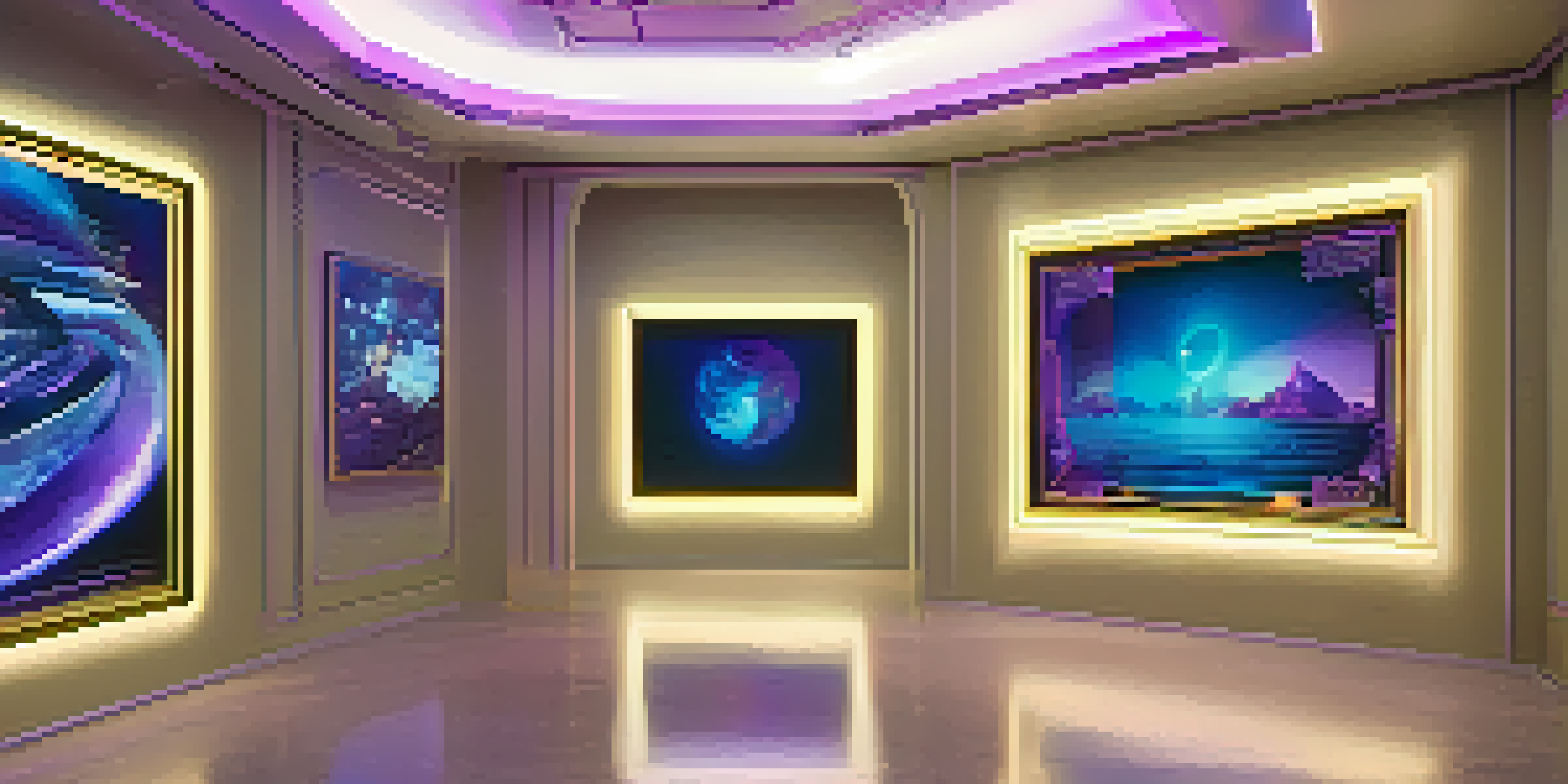 A digital art gallery with various NFTs displayed on screens and illuminated by soft lighting, featuring digital frames and virtual reality headsets.