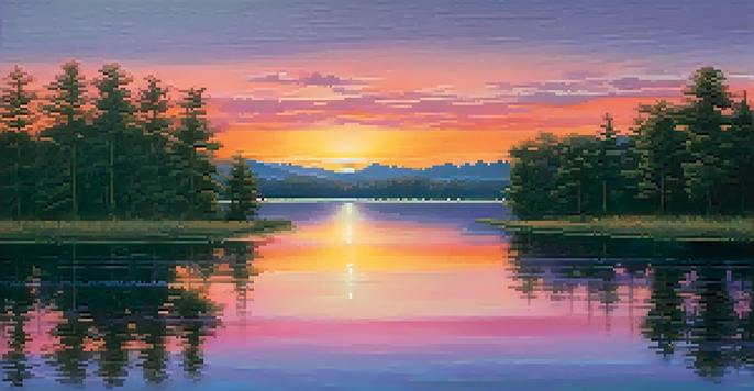 A picturesque sunset over a tranquil lake with silhouetted trees.