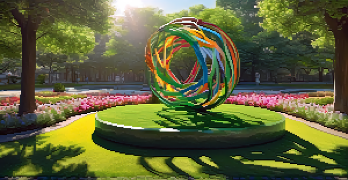 An eco-conscious art installation made from recycled materials, surrounded by a green park with flowers and trees under soft sunlight.