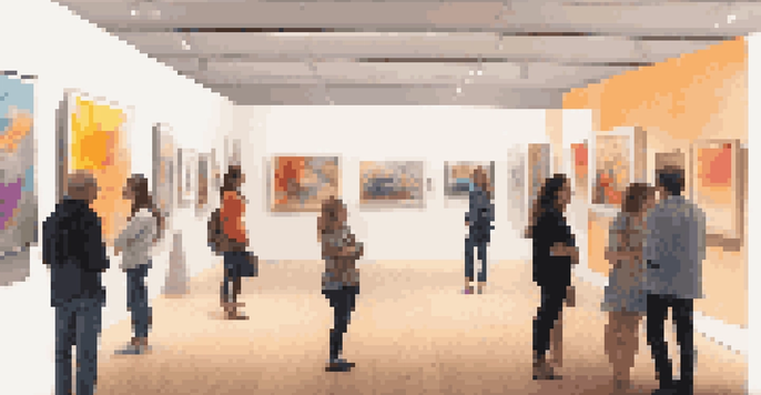 An art gallery filled with diverse digital artworks, with visitors discussing the pieces under warm lighting.