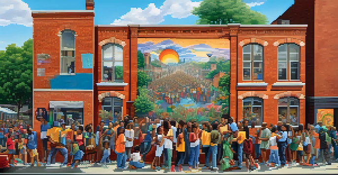 A community mural in progress featuring diverse individuals working together on an art project in an urban setting.