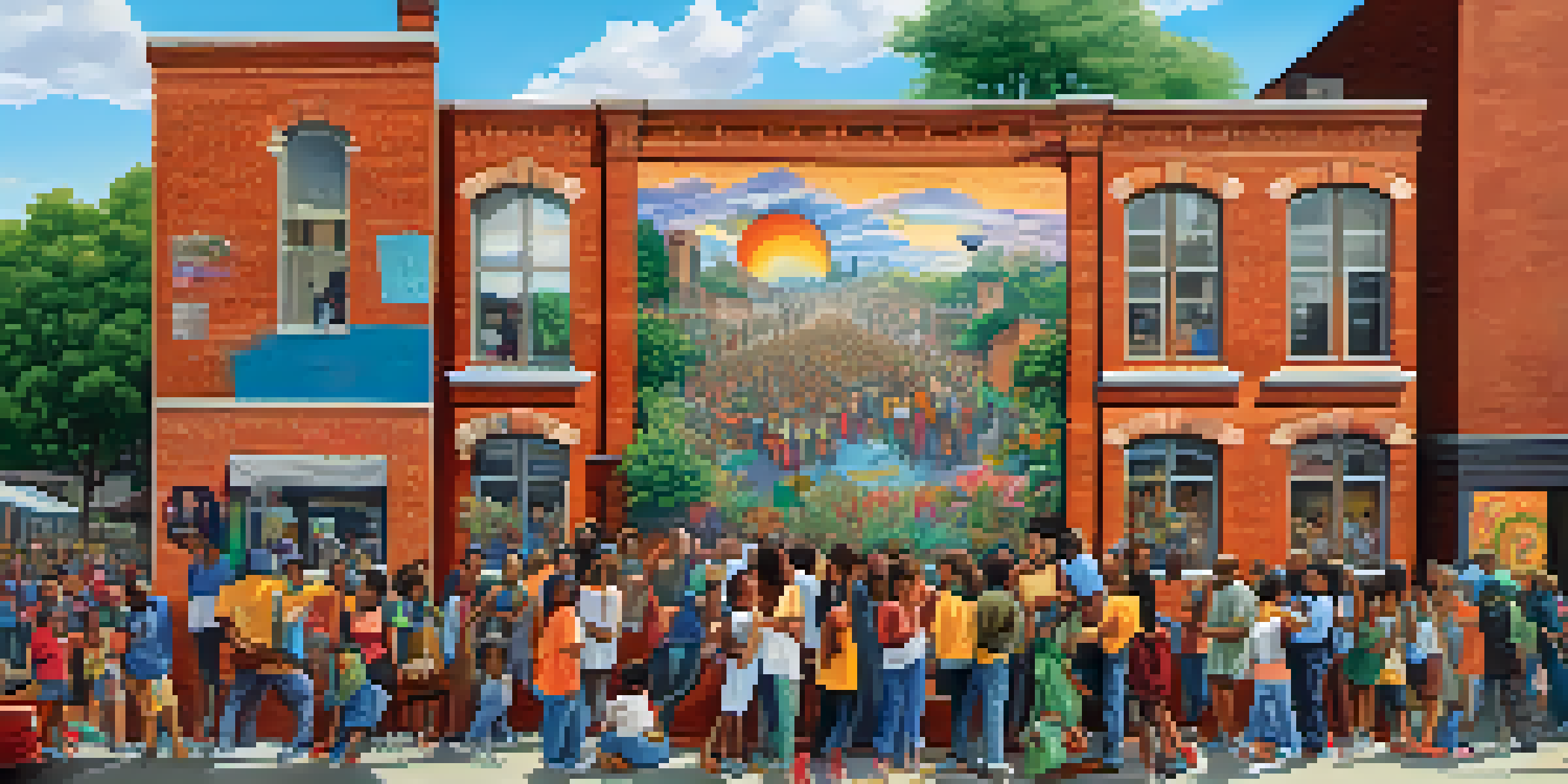 A community mural in progress featuring diverse individuals working together on an art project in an urban setting.
