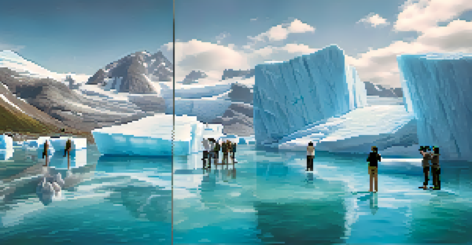 People experiencing a virtual reality installation of a glacial landscape with icebergs.