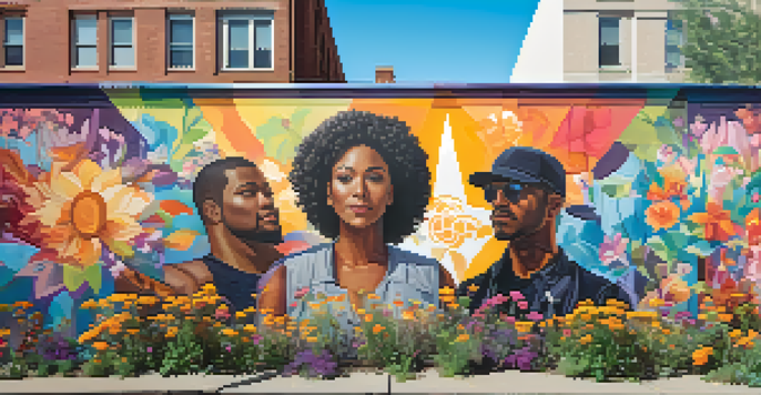 A colorful urban mural showcasing diverse figures representing social justice, with blooming flowers and a cityscape in the background under warm sunlight.