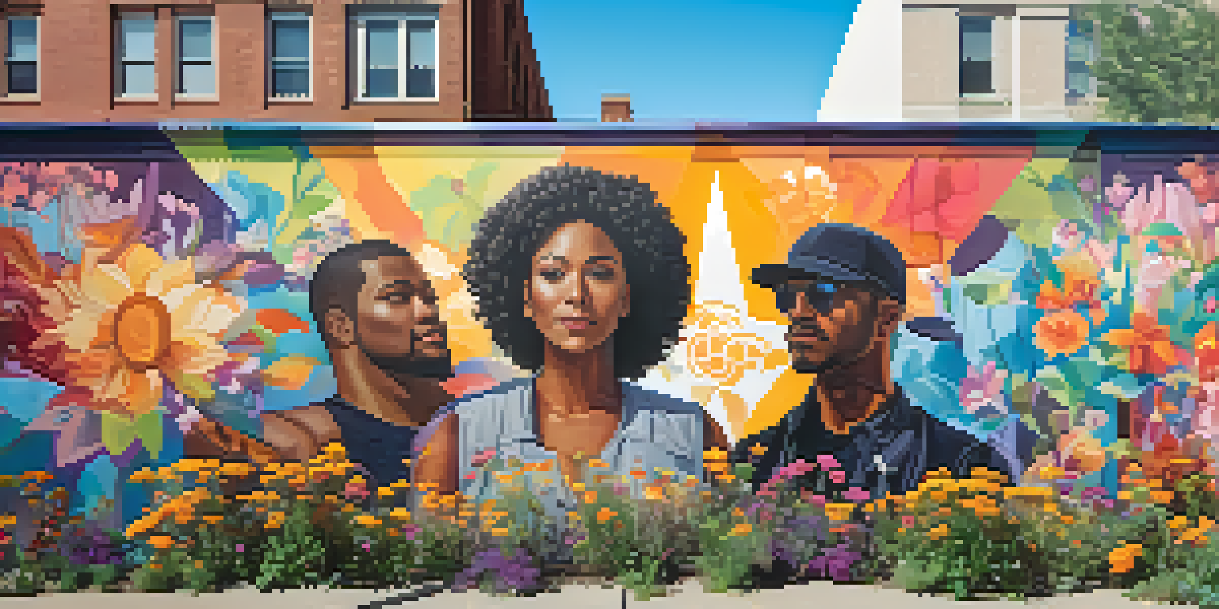 A colorful urban mural showcasing diverse figures representing social justice, with blooming flowers and a cityscape in the background under warm sunlight.