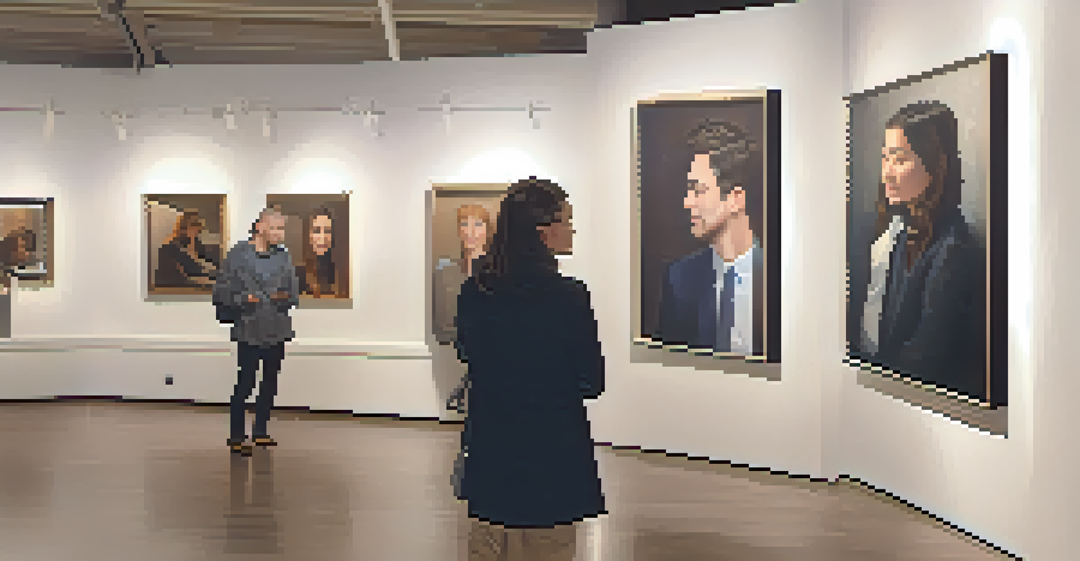 An art gallery showcasing emotional portraits with visitors discussing the artworks in a warm, inviting atmosphere.