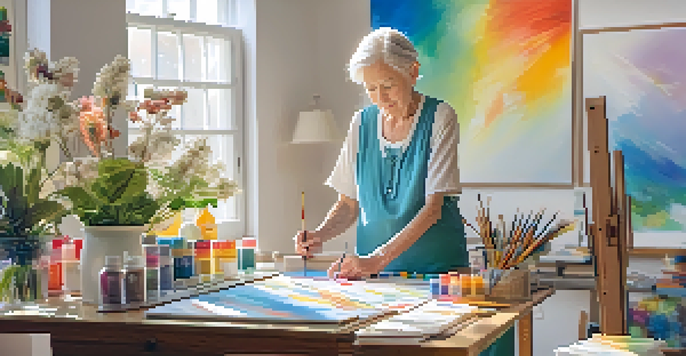 An elderly woman engaged in an art therapy session, painting on a canvas in a bright and sunny room filled with colorful art supplies.