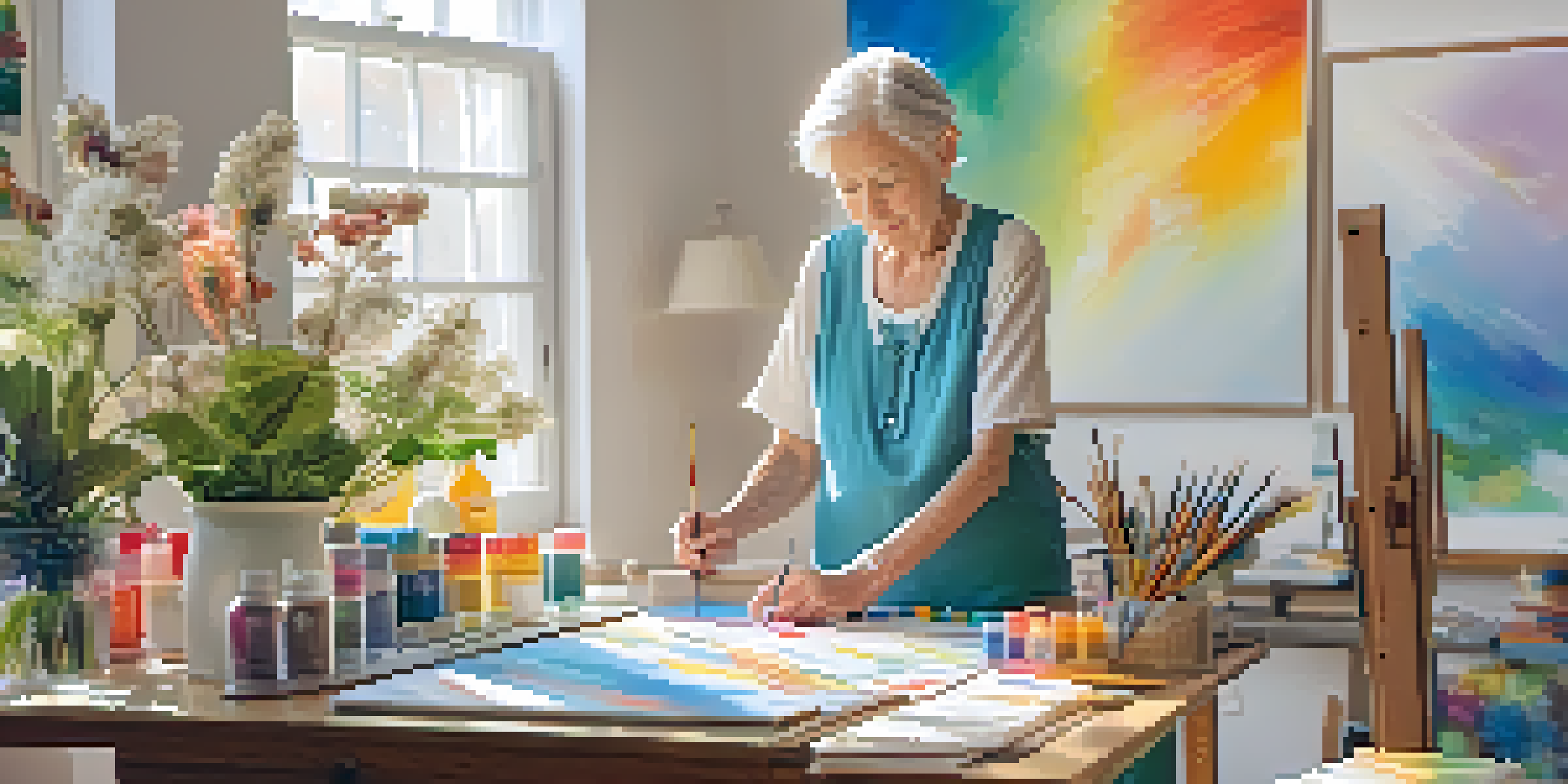 An elderly woman engaged in an art therapy session, painting on a canvas in a bright and sunny room filled with colorful art supplies.