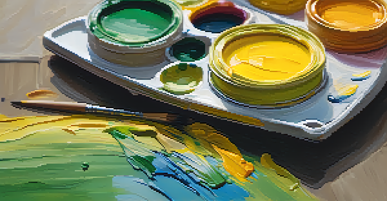 A close-up of a colorful painter's palette with brushes, showcasing various paint textures under soft light.