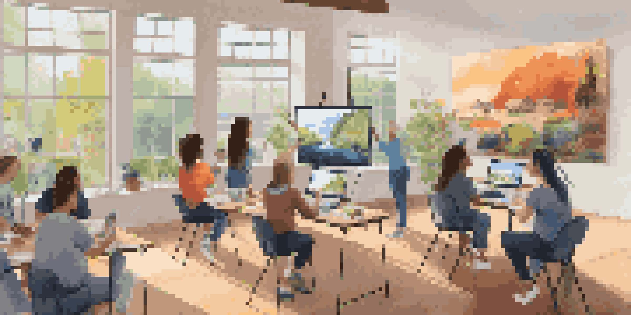 A diverse group of students participating in a virtual art class, with an instructor on a screen teaching painting techniques.
