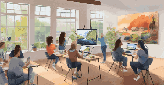 A diverse group of students participating in a virtual art class, with an instructor on a screen teaching painting techniques.