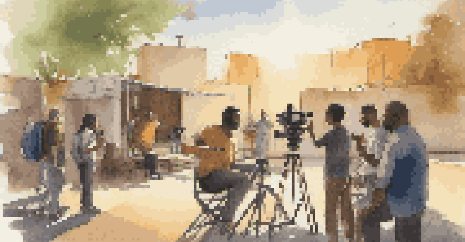 A woman filmmaker directing a diverse crew on a film set in a picturesque outdoor location.
