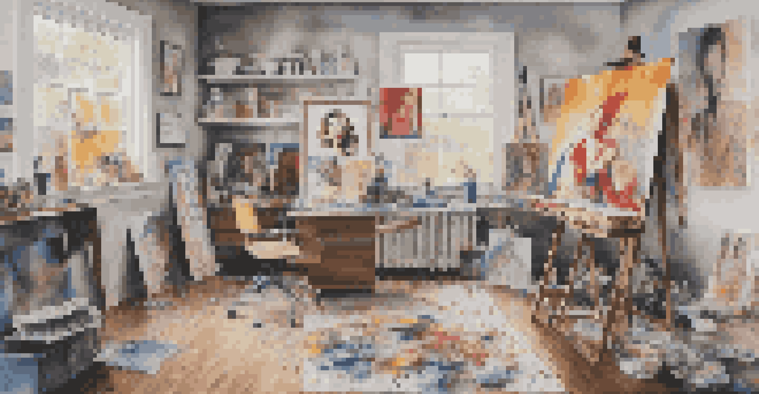 An artist's studio with various canvases, featuring a pop art portrait of a celebrity.