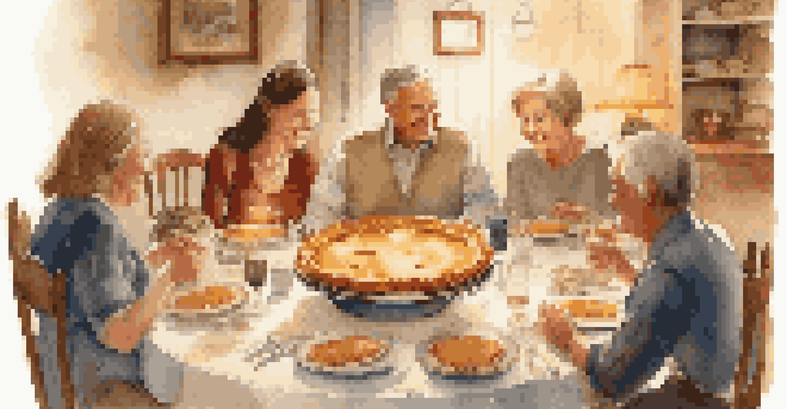 A family gathering around a dinner table with a decorative apple pie, illuminated by warm candlelight, showcasing joyful interactions.