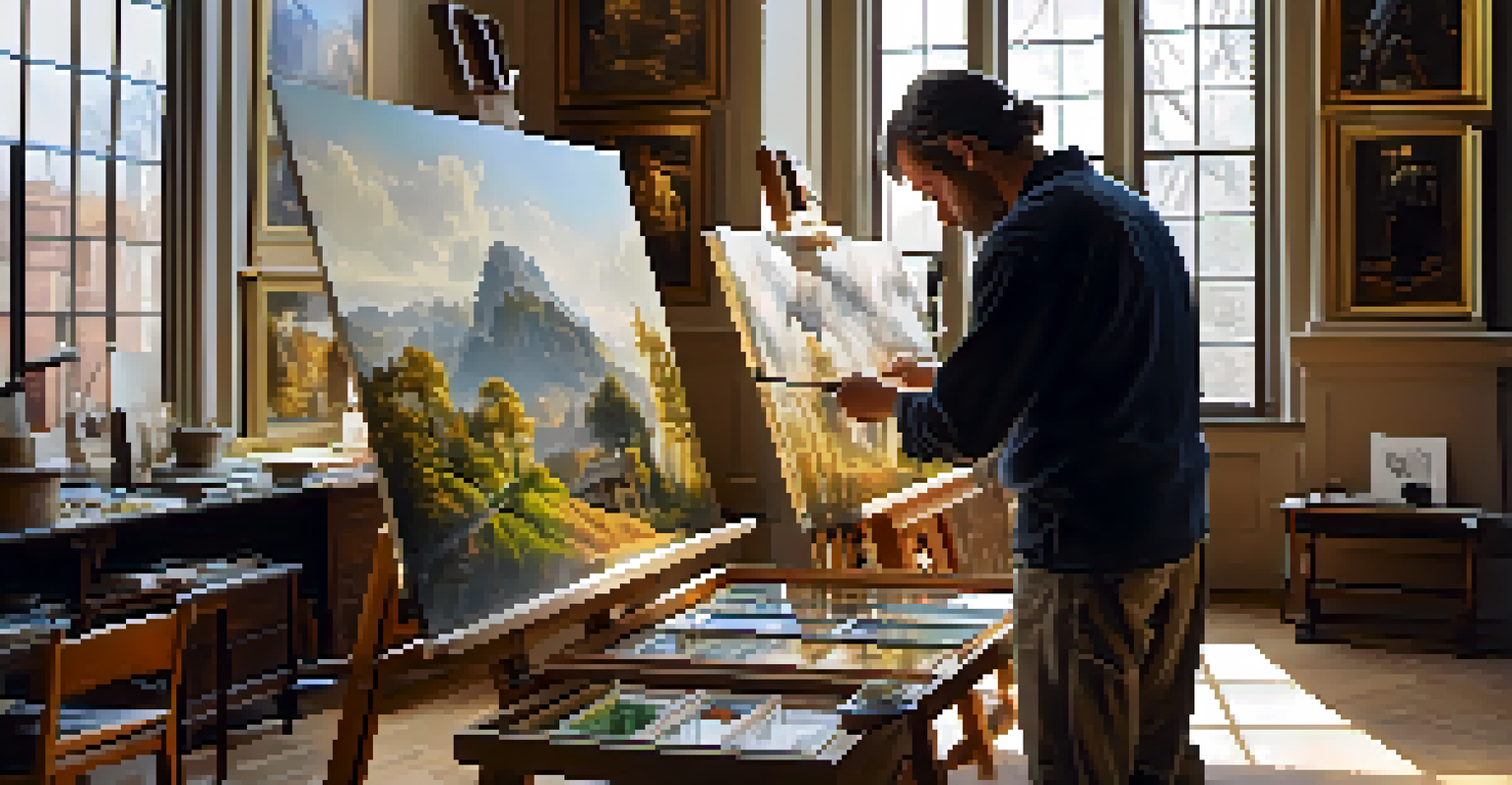 An artist framing a traditional painting with museum-quality glass in a well-lit workspace.