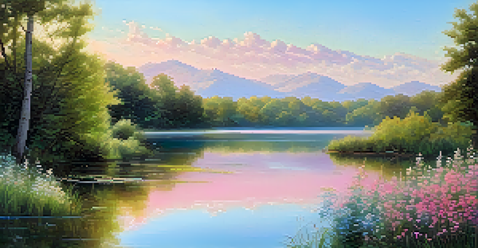 A peaceful lake surrounded by greenery and colorful flowers, with soft sunlight and pastel sky colors.