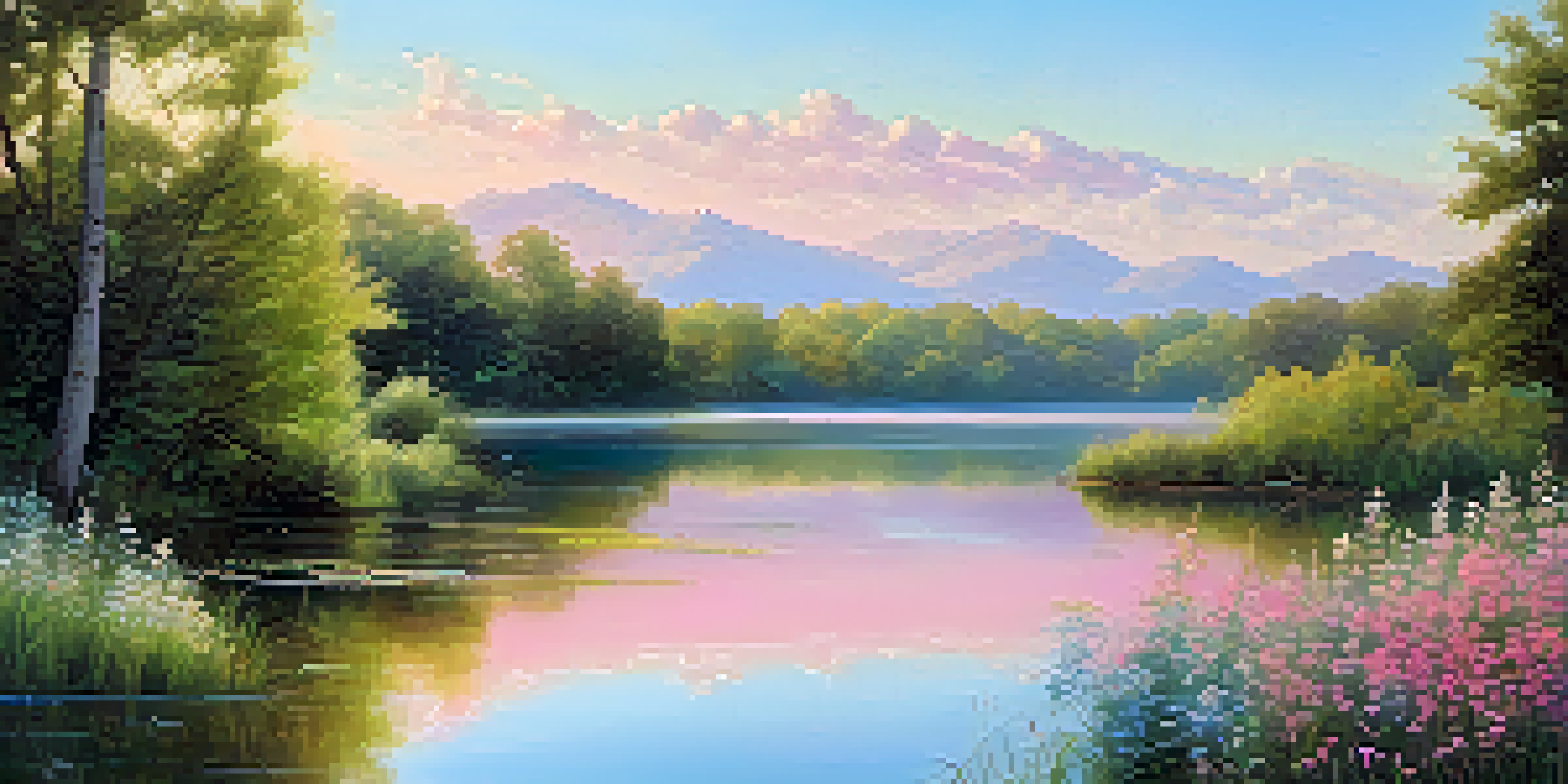 A peaceful lake surrounded by greenery and colorful flowers, with soft sunlight and pastel sky colors.