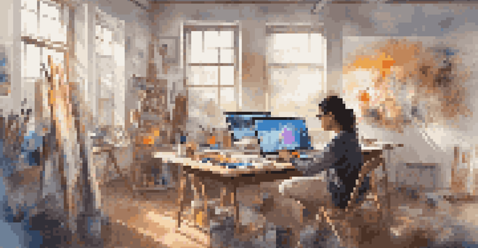 An artist in a colorful digital art studio, working diligently on a tablet while surrounded by various art tools and bright artworks.