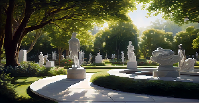 A peaceful outdoor sculpture garden with various sculptures surrounded by greenery and sunlight filtering through trees.