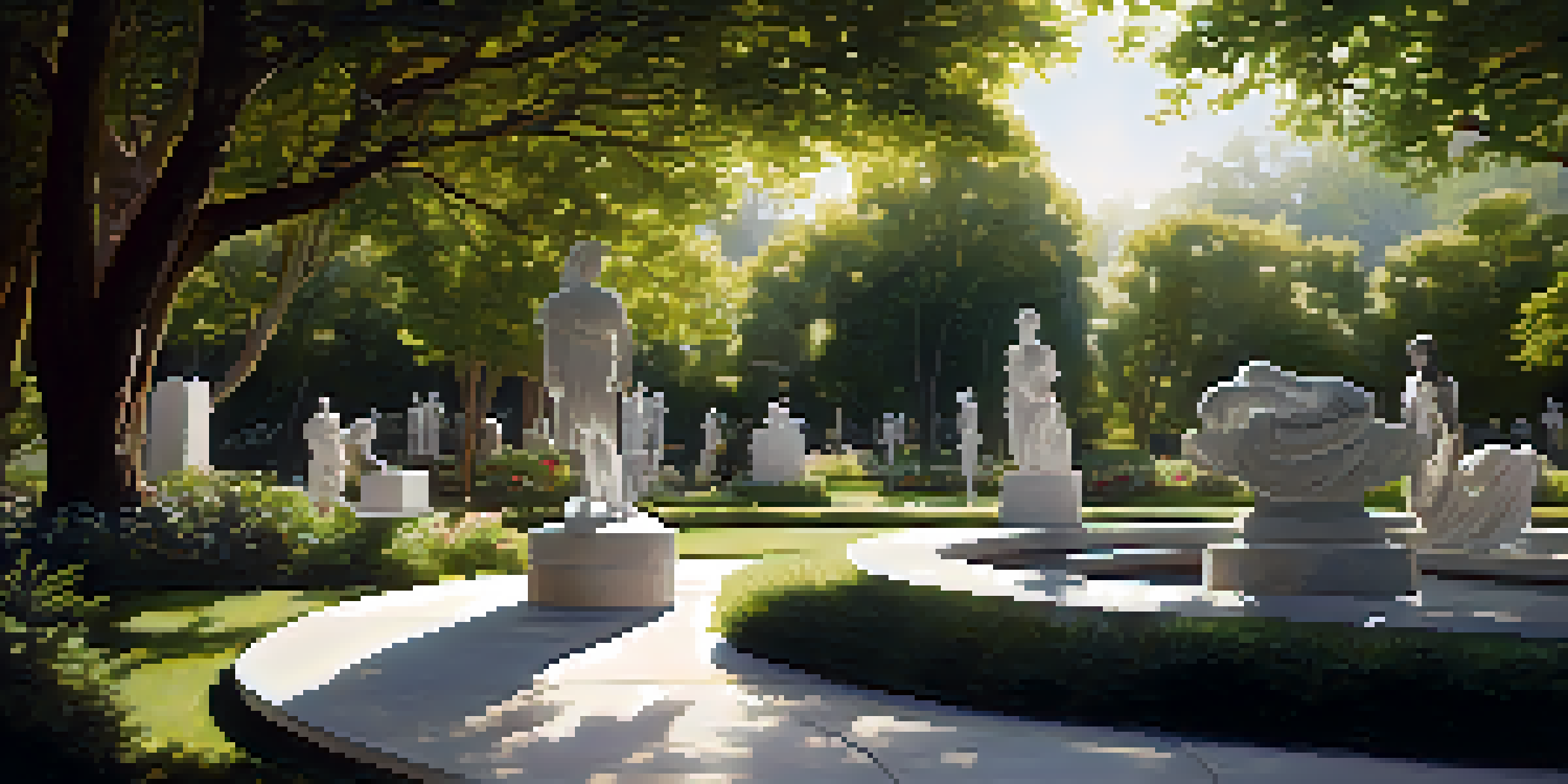 A peaceful outdoor sculpture garden with various sculptures surrounded by greenery and sunlight filtering through trees.
