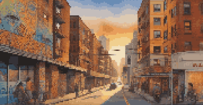 A colorful urban mural blending traditional Indigenous designs with modern graffiti in a busy city during sunset.