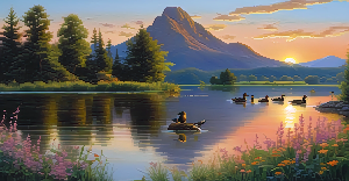 A peaceful lake at sunset with ducks swimming, surrounded by flowers and mountains in the distance.