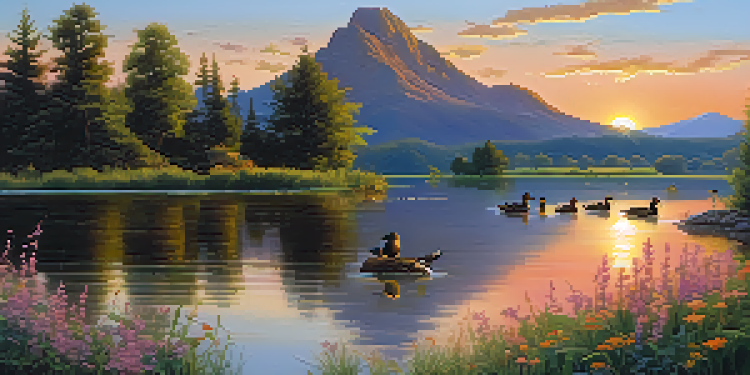 A peaceful lake at sunset with ducks swimming, surrounded by flowers and mountains in the distance.