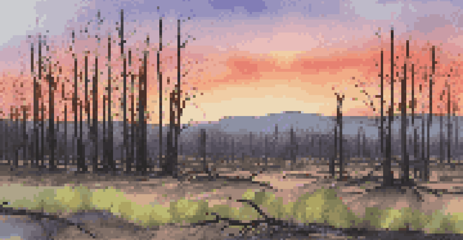 A sunset over a landscape recovering from wildfire, with charred trees in the foreground and vibrant colors in the sky.