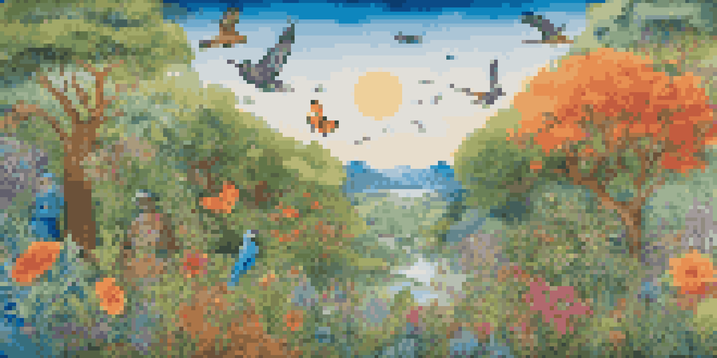 A colorful community mural featuring endangered species and a lush landscape, with local artists painting in natural light.