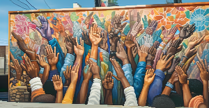 A colorful mural showing diverse hands raised in solidarity against an urban background, symbolizing unity and resistance.