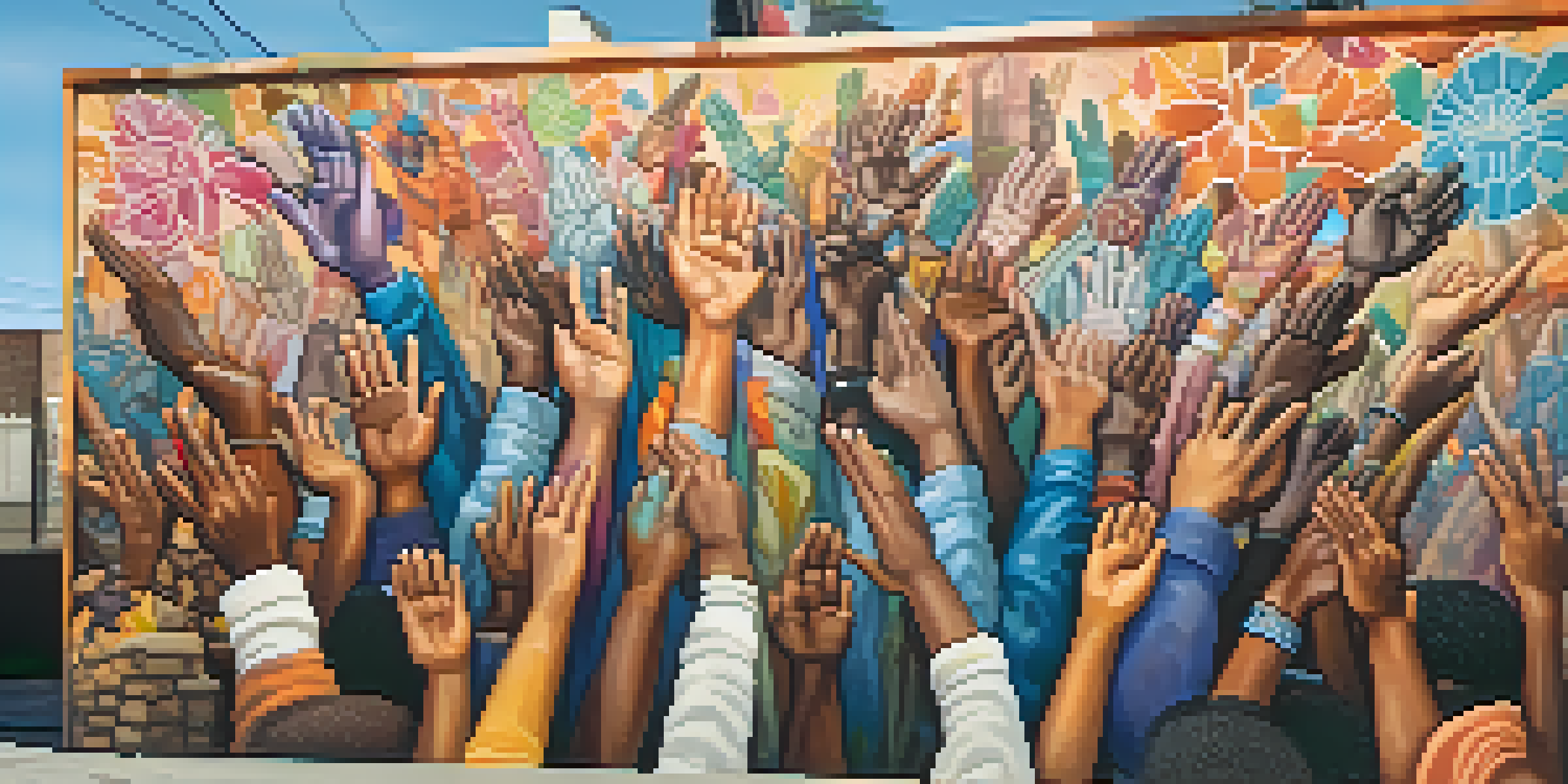 A colorful mural showing diverse hands raised in solidarity against an urban background, symbolizing unity and resistance.